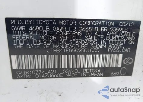 2012 Lexus Es 350 from USA, damaged, VIN JTHBK1EG5C2501035